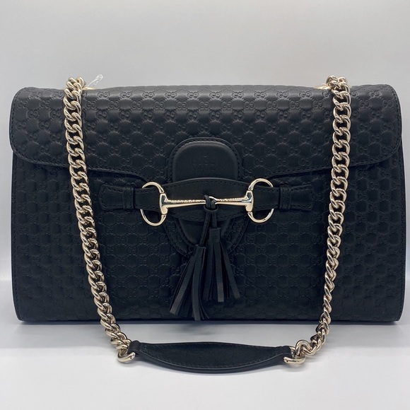 Gucci Emily Guccissima GG Logo Black Leather Shoulder Bag New - Picture 10 of 17